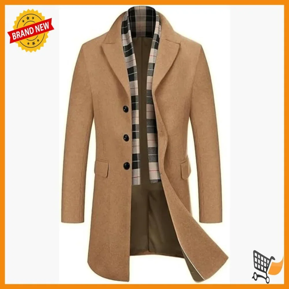 Men's Wool Blend Pea Coat with Detachable Scarf Slim Fit Overcoat